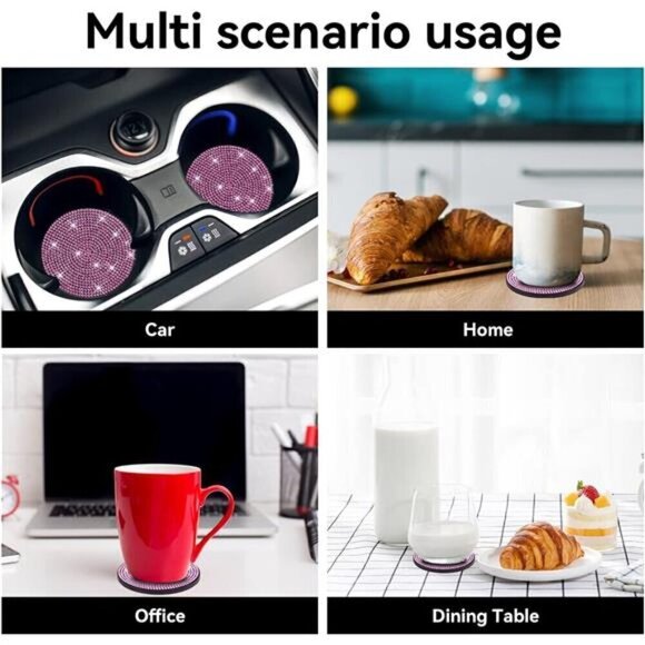 Car Cup Coasters Pink Bling 2-Pack Universal Non-Slip Cup Vehicle Diamond - Picture 7 of 7